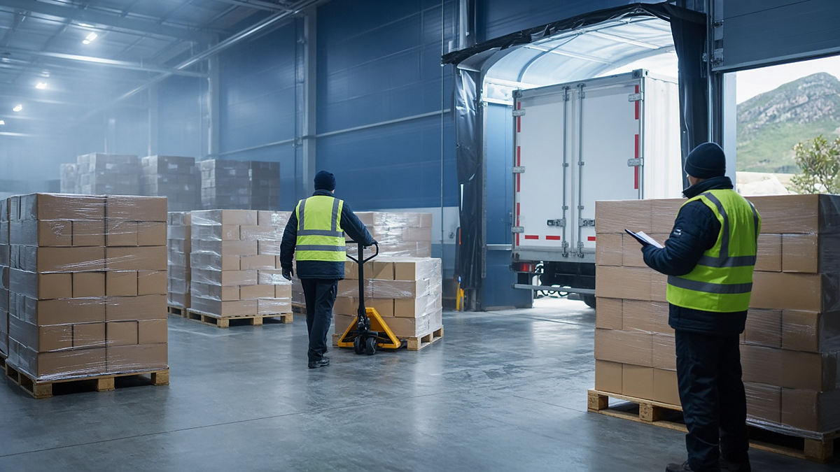 Cold-store workers in hi-vis moving and checking shrink-wrapped fruit pallets at a refrigerated loading bay with a reefer truck backed up to the dock